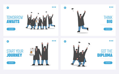 Concept Of Graduation. Website Landing Page. Happy Students In Graduation Gowns Happy To Finish Course, Having Fun, Throwing Up Caps. Set Of Web Pages Cartoon Linear Outline Flat Vector Illustrations