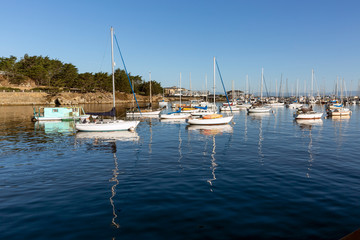 Yachts moored at Fisherman's Wharf in Monterey, California, USA.