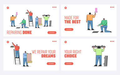 Modernisation Of a House. Website Landing Page. Builders Paint Walls, Put Tile, Install Ceiling Light, Fix Wallpaper And Shelves. Set Of Web Pages Cartoon Linear Outline Flat Vector Illustrations