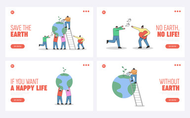 Concept Of Celebration Of World Earth Day. Website Landing Page. Characters Celebrate Earth Day. People Show Care And Love To Planet. Set Of Web Pages Cartoon Linear Outline Flat Vector Illustration