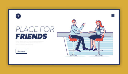 Concept Of Meetings In A Bar. Website Landing Page. People Are Having A Good Time, Communicating At A Bar Counter. Man And Woman Are Talking. Web Page Cartoon Linear Outline Flat Vector Illustration