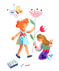 Isolated two little girls drawing flower and butterfly on white wall