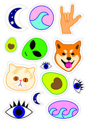 Stickerpak with avocado, alien, dog and cat. Set of stickers with different items.