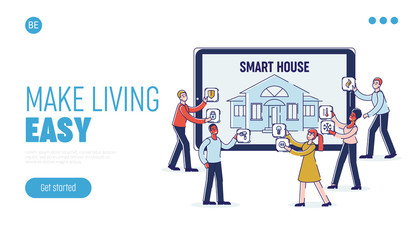 Concept Of Smart House Mobile App. Website Landing Page. Males And Females are Adjusting Smart Home Intelligence Technology On Huge Tablet. Web Page Cartoon Linear Outline Flat Vector Illustration