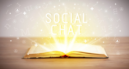 Open book with SOCIAL CHAT inscription, social media concept