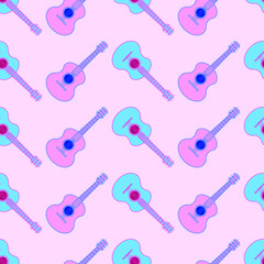Seamless pattern with the image of colored guitars on a pink background.