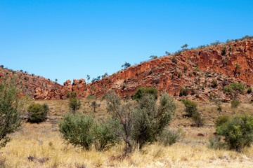 Fototapeta na wymiar Alice Springs Australia, looking across the floodplain of the Finke river at Glen Helen Gorge in the West MacDonnell Ranges