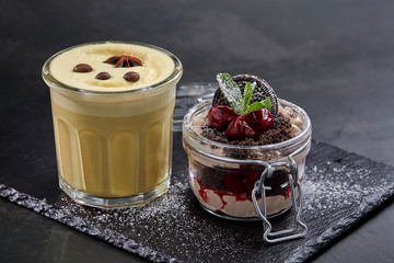 chocolate dessert and turmeric cappuccino