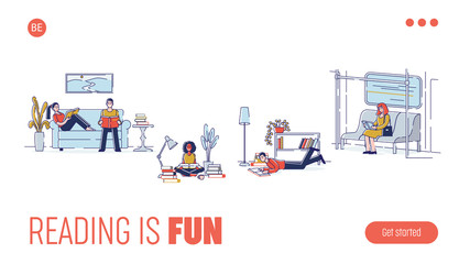 Concept Of Education, Reading Books. Website Landing Page. Book Festival of Students Girls and Boys Reading, Learning In Different Places. Web Page Cartoon Linear Outline Flat Vector Illustration