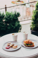 Beautiful breakfast in a city cafe with great views.