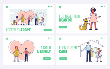 Concept Of Care, Friendship, And Adoption. Website Landing Page. Kind Solidary People Adopt And Taking Care Of Pets And Children. Set Of Web Pages Cartoon Outline Linear Flat Vector Illustration
