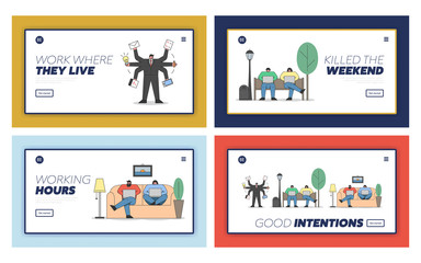 Remote Work And Self-Employment Concept. Website Landing Page. Business People Work Remotely Doing Multiple Tasks Using Gadgets in Arms. Set Of Web Pages Cartoon Outline Linear Vector Illustrations