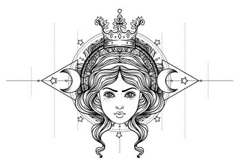 Divine goddess. Black and white girl over sacred geometry sign, isolated vector illustration. Tattoo sketch. Mystical symbol. Alchemy, occultism, spirituality, coloring book. Hand-drawn vintage.