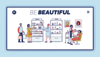 Concept Of Beauty Shop With Professional Workers. Website Landing Page. People Choose Cosmetics, Buy Presents In Beauty Shop And Do Makeup. Web Page Cartoon Outline Linear Flat Vector Illustration