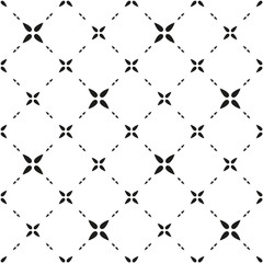 Abstract geometric diagonal seamless pattern. Black minimalistic vector flowers with four petals on white background. Simple vector illustration. Polka dot design for printing on textile, fabric