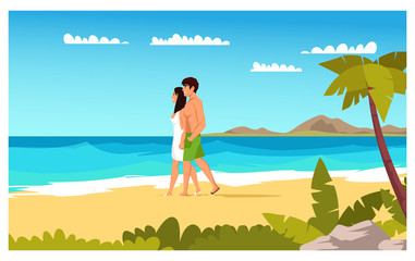 Obraz na płótnie Canvas Man and woman romantic dating on seaside cartoon