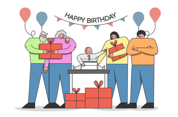Anniversary Celebration Concept. Family Celebrate Babys First Birthday, Prepare and Give Him Gifts. Number One With On The Top Of Cake and Balloons. Cartoon Outline Linear Flat Vector Illustration