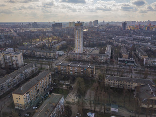 Aerial drone view of Kiev at cloudy weather