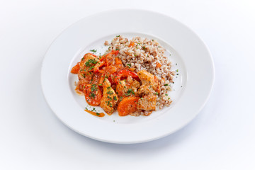 chicken with buckwheat on the white background