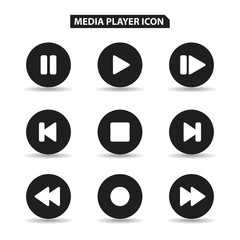Set of media buttons icons. Black round musical buttons isolated on white background. Vector Template.