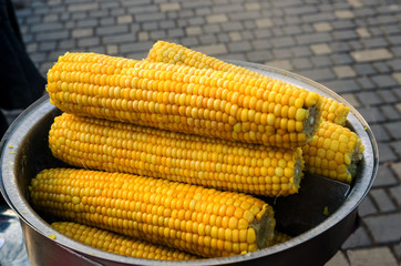 some ears of boiled corn in a metal bowl excellent corn
