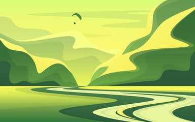 Fototapeta na wymiar Mountain landscape with peaceful river valley in the summer. Vector illustration