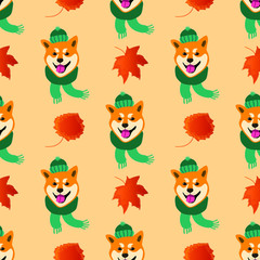 Seamless pattern with the image of a shiba inu dog. Autumn patern with a dog.