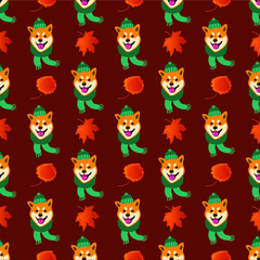 Seamless pattern with the image of a shiba inu dog. Autumn patern with a dog.