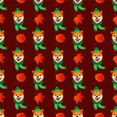Seamless pattern with the image of a shiba inu dog. Autumn patern with a dog.
