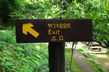 Exit Wooden label in National forest there are three languages is Thai, English and Chinese...