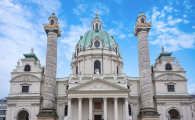 Fototapeta na wymiar Saint Charles Church (Wiener Karlskirche) at Karlsplatz in Vienna, Austria. Baroque cathedral located in Wien and dedicated to Saint Charles Borromeo