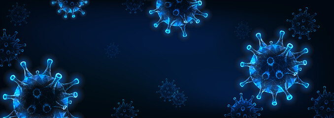 Futuristic Coronavirus web banner template with glowing low poly virus cell on dark blue background. - obrazy, fototapety, plakaty