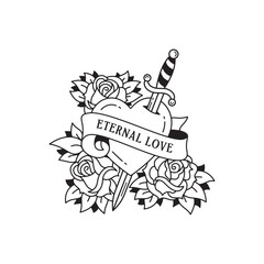 Old school tattoo emblem label with dagger heart rose symbols and wording eternal love. Traditional tattooing style ink.