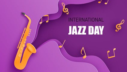 International jazz day poster or banner with saxophone in paper cut style. Digital craft paper art.