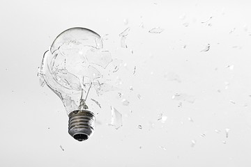 Closeup shot of a broken glass light bulb on a white background