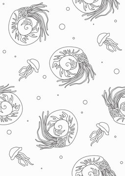 Seamless pattern with nautilus on a white background as a coloring page in A4 format, outline vector stock illustration with ocean or sea and animal for printing and coloring