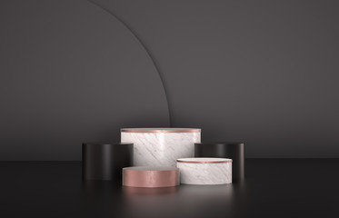 Beauty fashion luxury podium backdrop for product display. minimalist black, marble and pink background. 3d render.