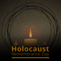 Jewish star with barbed wire and candles, International Holocaust Remembrance Day poster, January 27. World War II Remembrance Day.