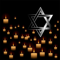 Obraz premium Jewish star with barbed wire and candles, International Holocaust Remembrance Day poster, January 27. World War II Remembrance Day.