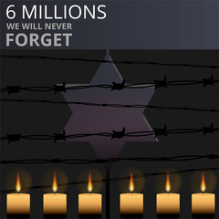 Jewish star with barbed wire and candles, International Holocaust Remembrance Day poster, January 27. World War II Remembrance Day. - obrazy, fototapety, plakaty