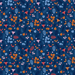 Cute seamless pattern with hand drawn berries and flowers. Floral colorful background