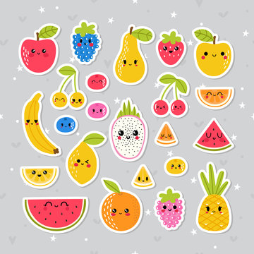 Cute hand drawn kawaii tropical smiling fruit stickers. Healthy lifestyle collection. Set of cartoon characters