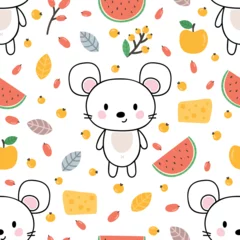 Muurstickers Cute seamless pattern with little mouse, cheese, watermelon and berries. Childish background with funny characters © Helen Sko