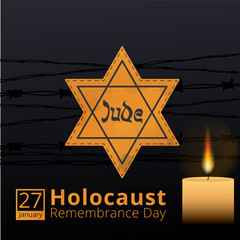 Jewish star with barbed wire and candles, International Holocaust Remembrance Day poster, January 27. World War II Remembrance Day.Yellow Star of David
