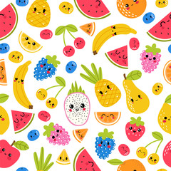 Seamless pattern with funny and happy kawaii fruit. Summer tropical healthy food. Cute childish background
