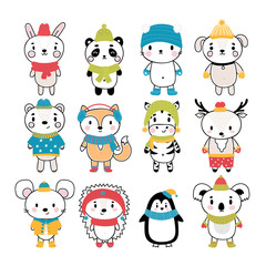Set of cute hand drawn animals at winter clothes. Funny cartoon characters