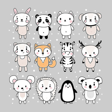 Set of cute hand drawn animals. Funny cartoon characters. Bunny, panda, cat, dog, bear, fox, zebra, deer, mouse, hedgehog, penguin, koala