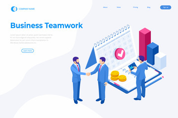 Isometric business concepts. Businessmen and business woman in different situations. Online cooperation, agreement, success, sgoal achievement, financing of projects, online consultation, partnership.