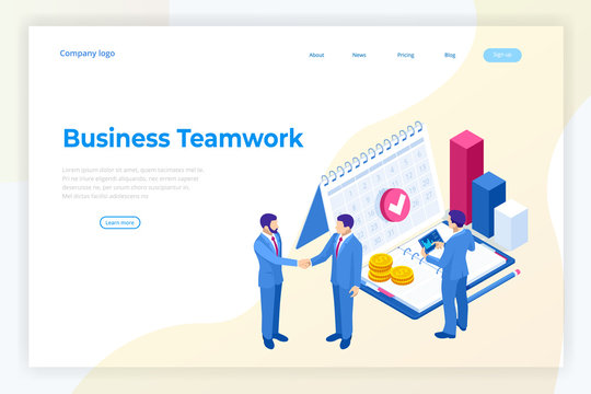 Isometric business concepts. Businessmen and business woman in different situations. Online cooperation, agreement, success, sgoal achievement, financing of projects, online consultation, partnership.