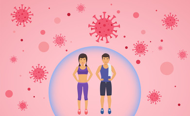 Sports man and woman reflects bacteria. Protecting immune system from bad bacteria. Barrier against viruses.